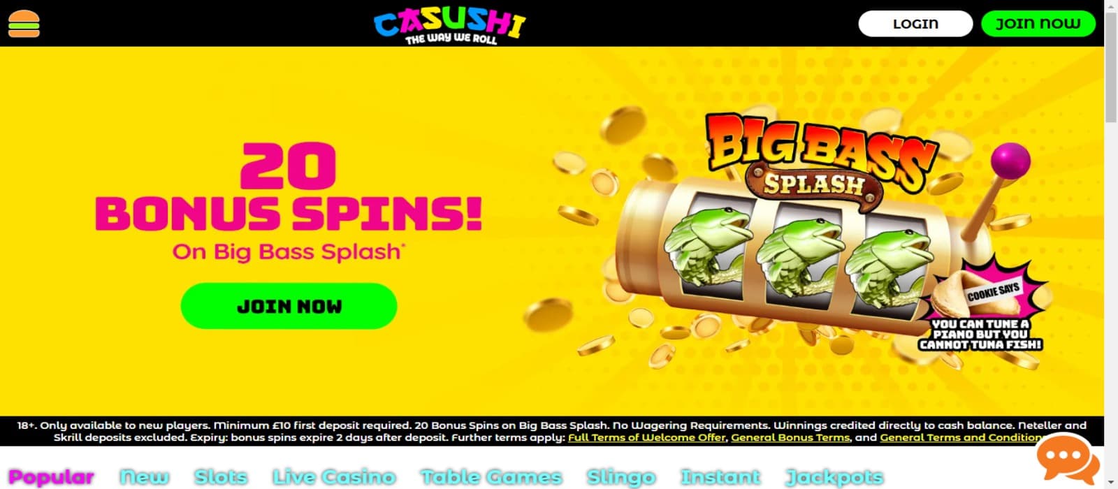 Casushi casino landing page with the welcome bonus offer banner in yellow color and the casino logo at the top