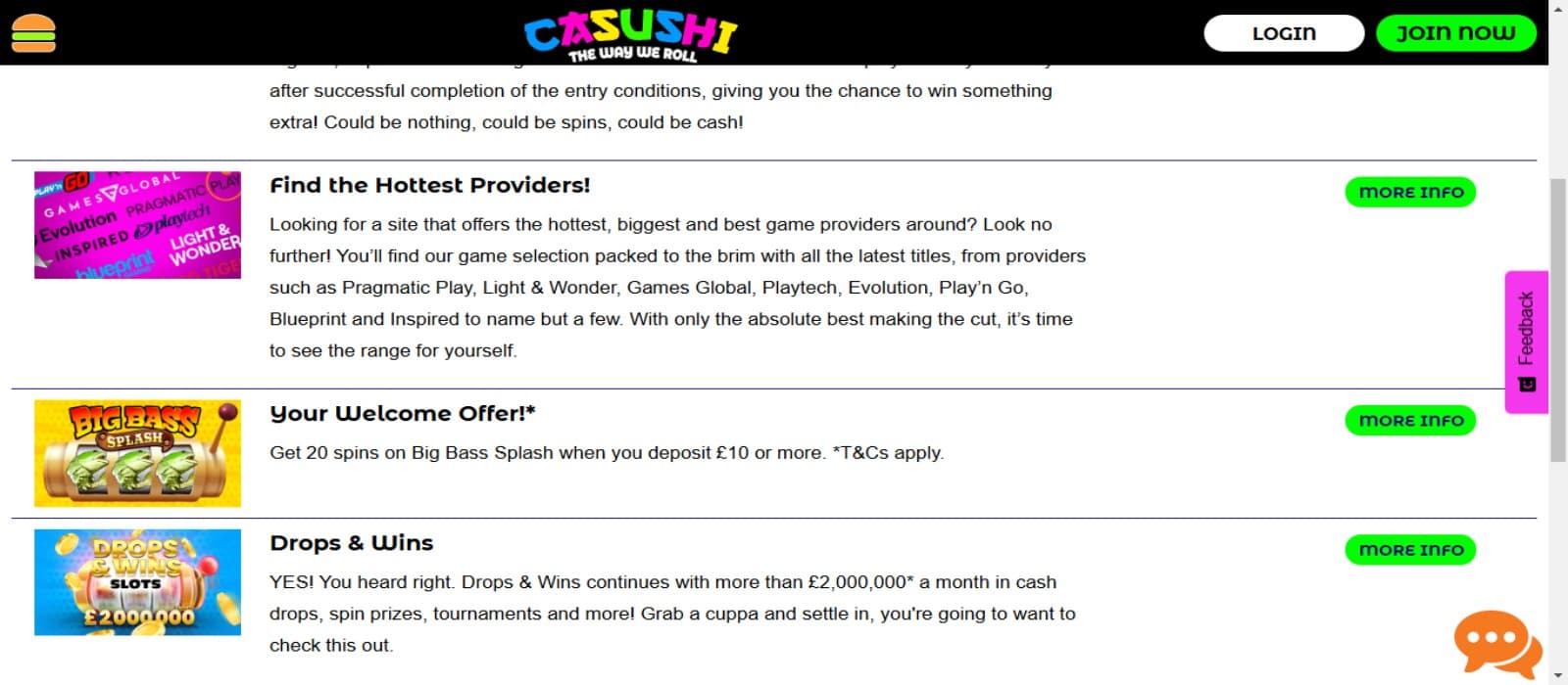 Casushi casino promotions page with the various promotion banners and multi-color casino logo at the top