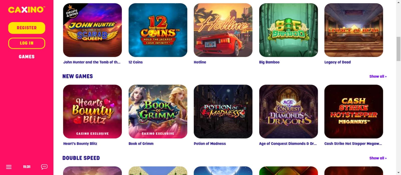 Caxino casino games page with the colorful icons of various slot games and categories