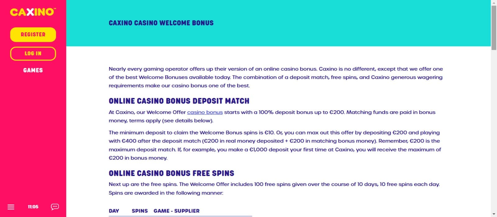 Caxino casino promotions page with the welcome bonus details and log in options on the side