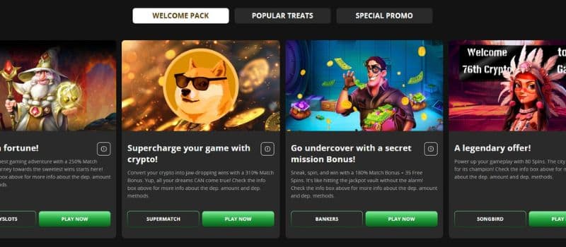 The promotions page of Cherry Gold Casino showcases the bonuses, such as the welcome package offered by the casino.