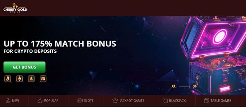 Cherry Gold Casino’s homepage showcases a match bonus of up to 175% for crypto deposits.