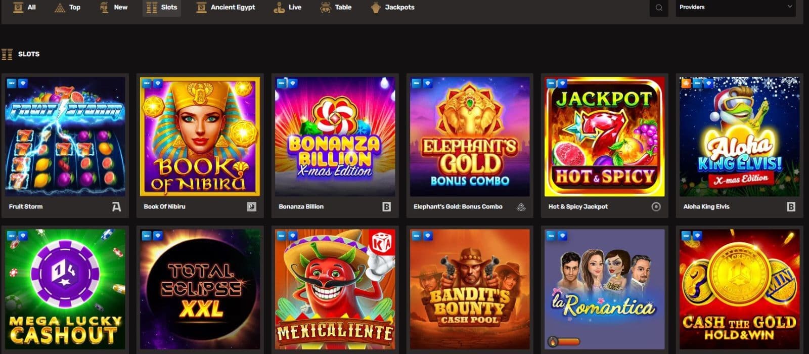 Cleopatra Casino's games page presents a selection of slot games, such as Bonanza Billion and Elephant's Gold.