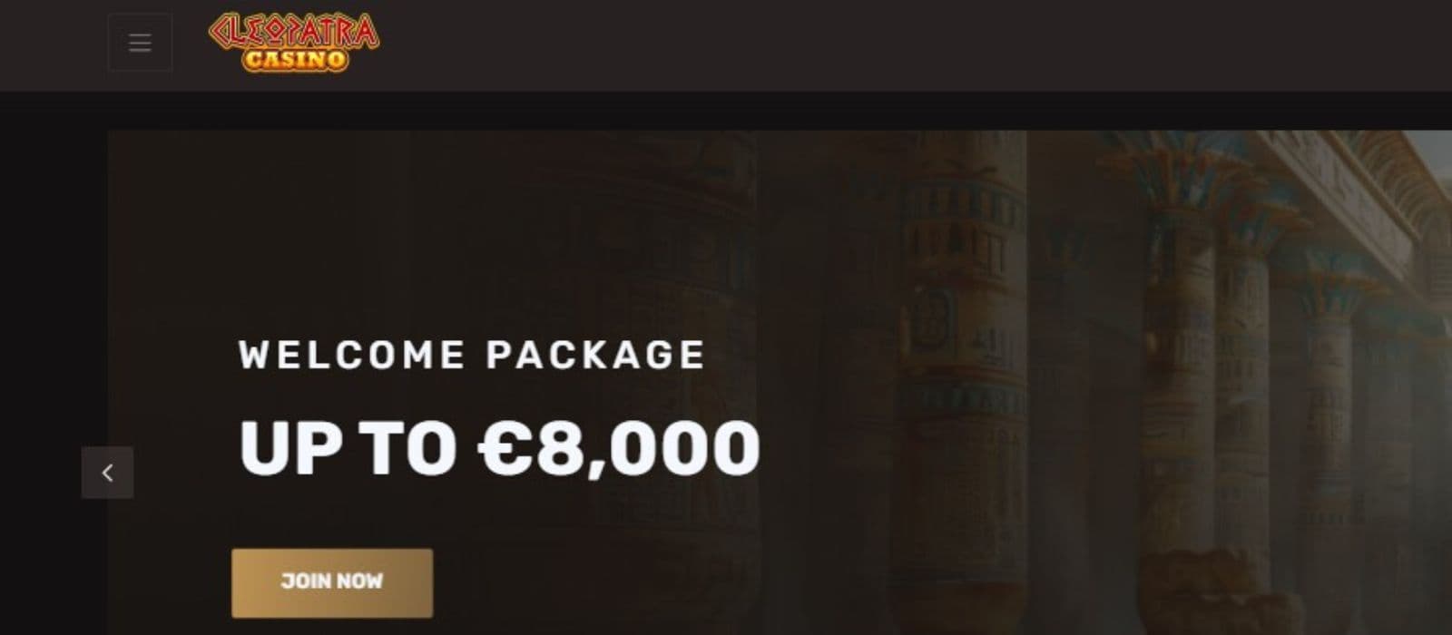 The landing page of Cleopatra Casino shows the welcome package of up to 8000 euros.