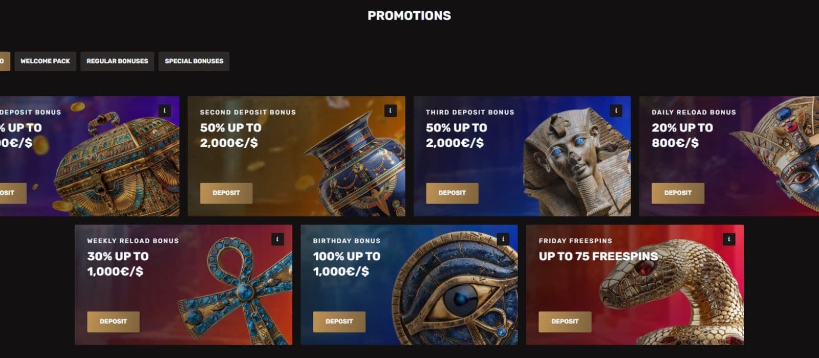 The promotions page of Cleopatra Casino displays a range of bonuses, such as the welcome package, daily reload bonus, and more.