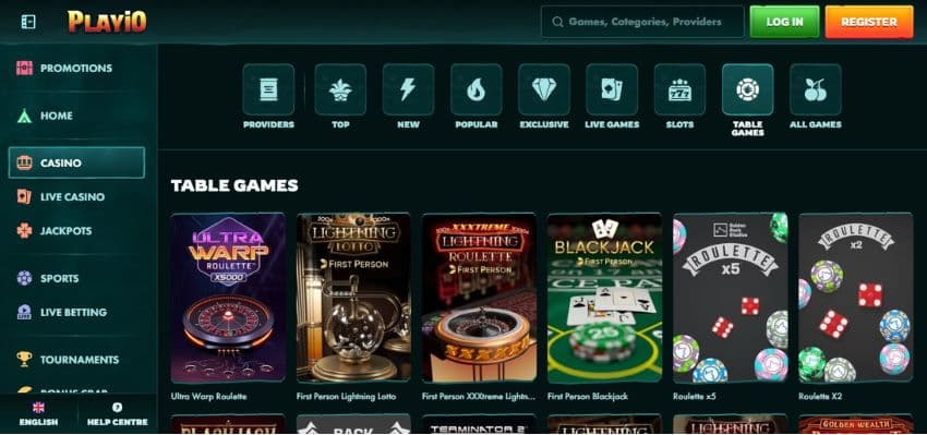 Playio Casino’s table games category, showing variations of roulette and blackjack.