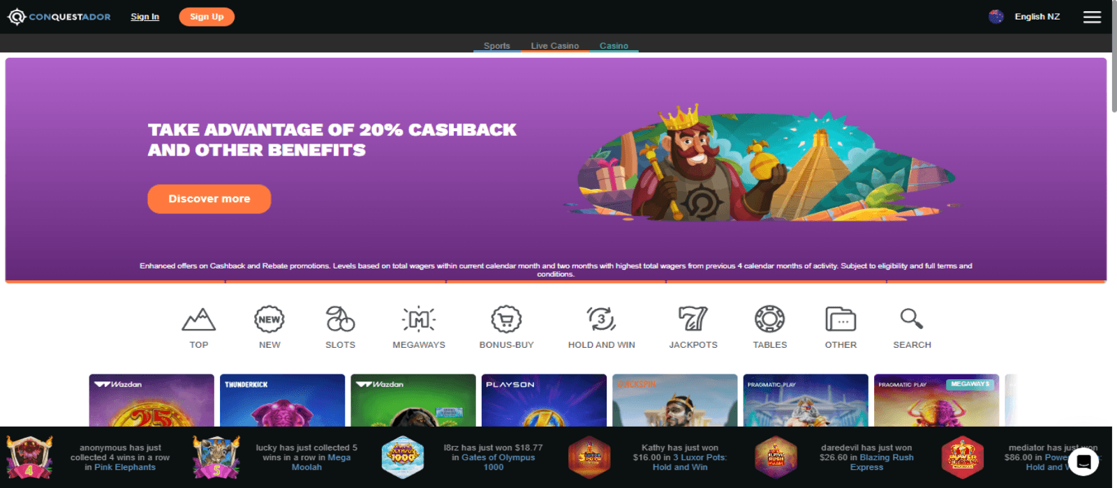 Conquestador Casino landing page showing promotional offers banner and game titles with icons