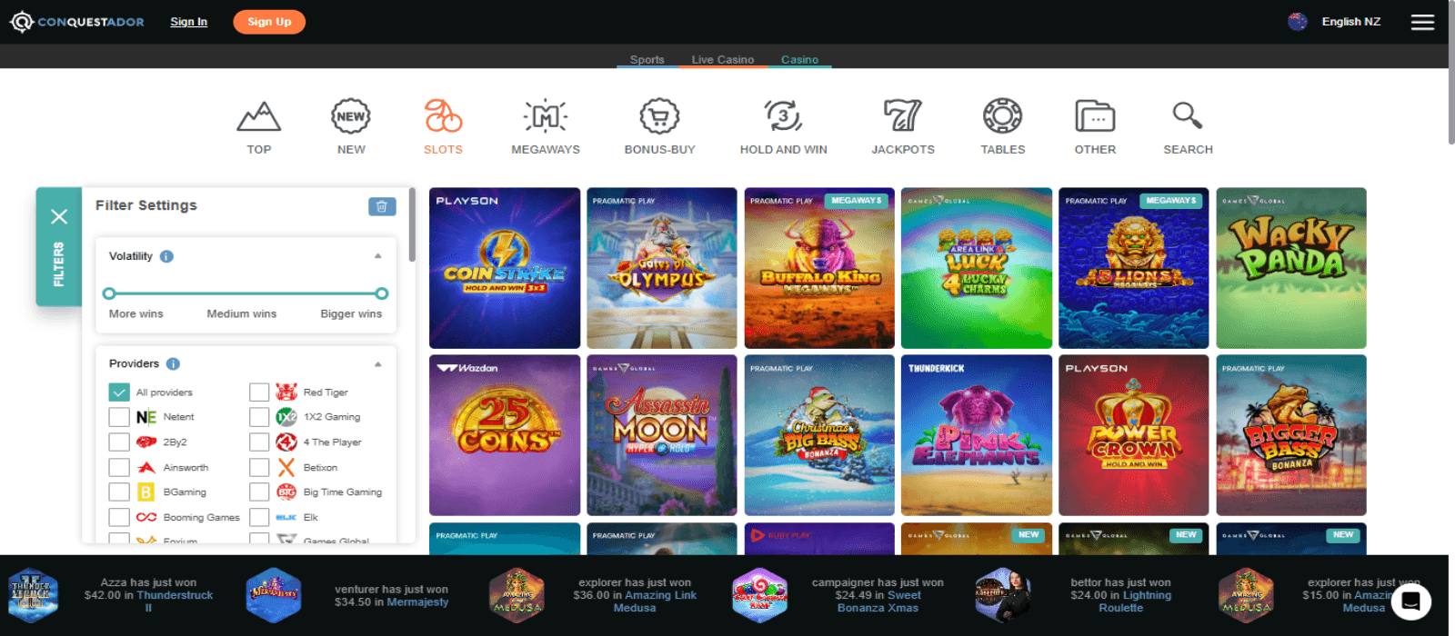 Conquestador casino games page illustrating various slot games with colorful icons