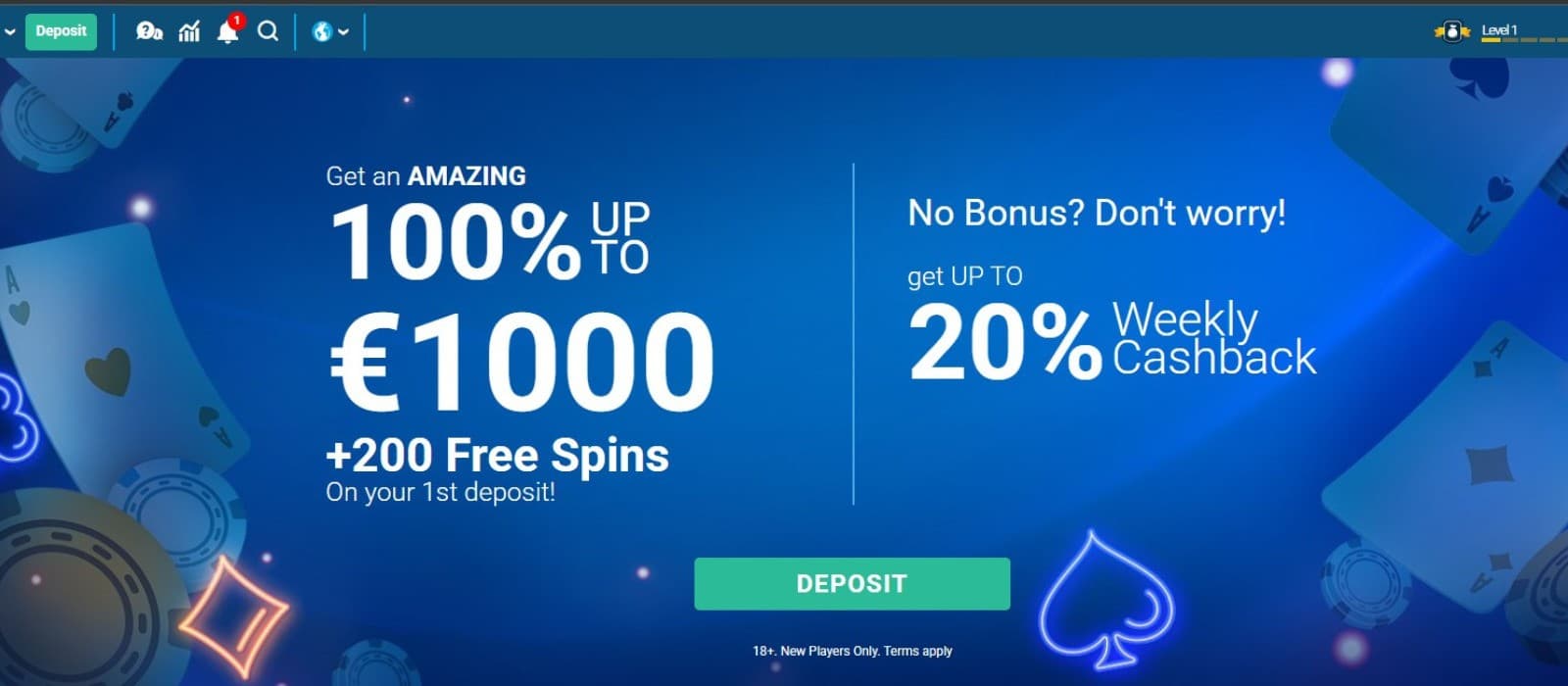 The landing page of Craze Casino presents the welcome package up to 1000 euros and 200 free spins. 