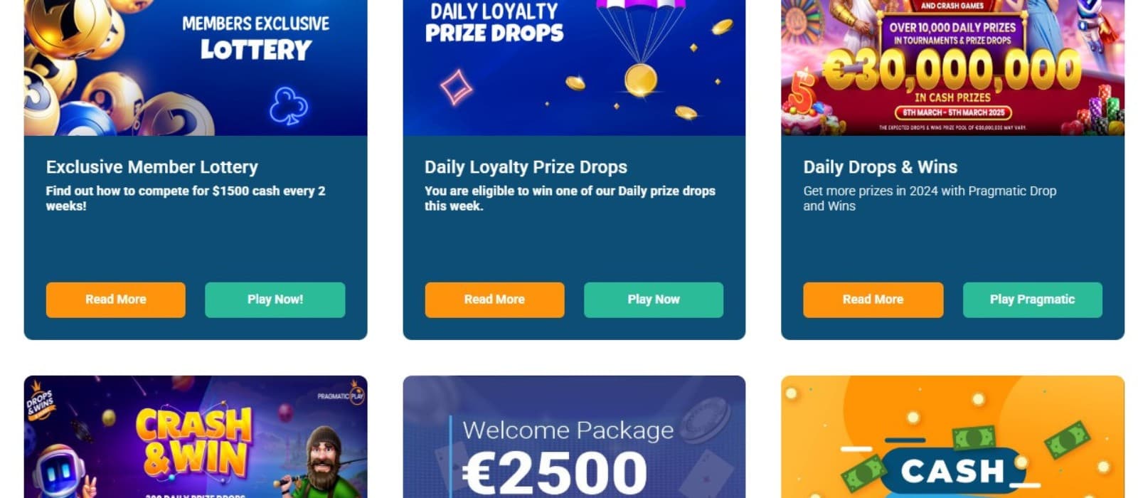 The promotions page of Craze Casino showcases a range of casino bonuses, such as daily drops & wins and the welcome package.