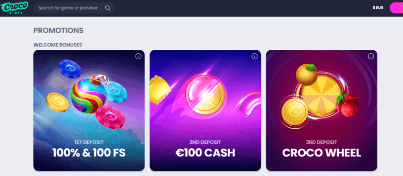 CrocoSlots Casino offers various promotional offers, including welcome bonuses, free spins, and cashback rewards.