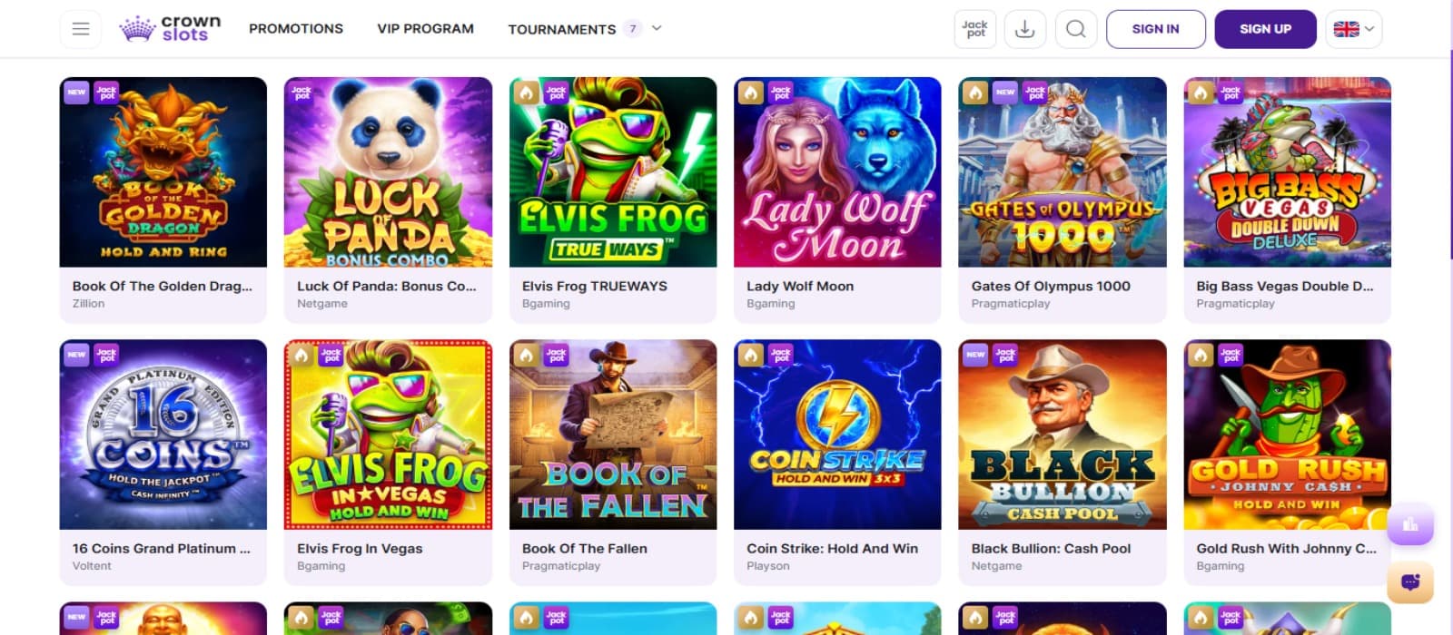 Crownslots casino games page with the colorful slot game icons and various game categories