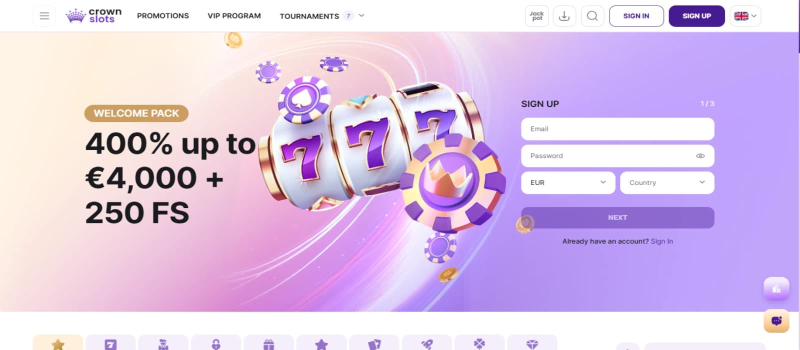 Crownslots casino landing page with the welcome bonus offer and top navigational menus