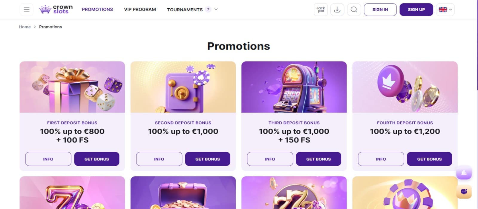 Crownslots casino promotions page with the different bonus offer banners and top navigational menus