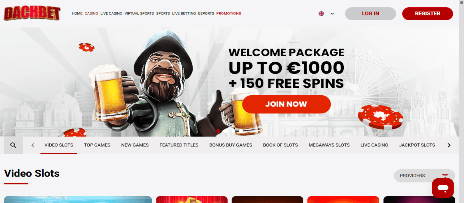 Dachbet casino landing page with a vibrant and colorful welcome bonus banner showing a man holding two mugs of beer themed at Oktoberfest The navigational menus are also seen