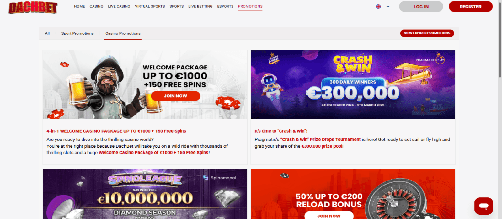 Dachbet casino promotions page with four different colorful banners of promotional offers and top navigational menus.