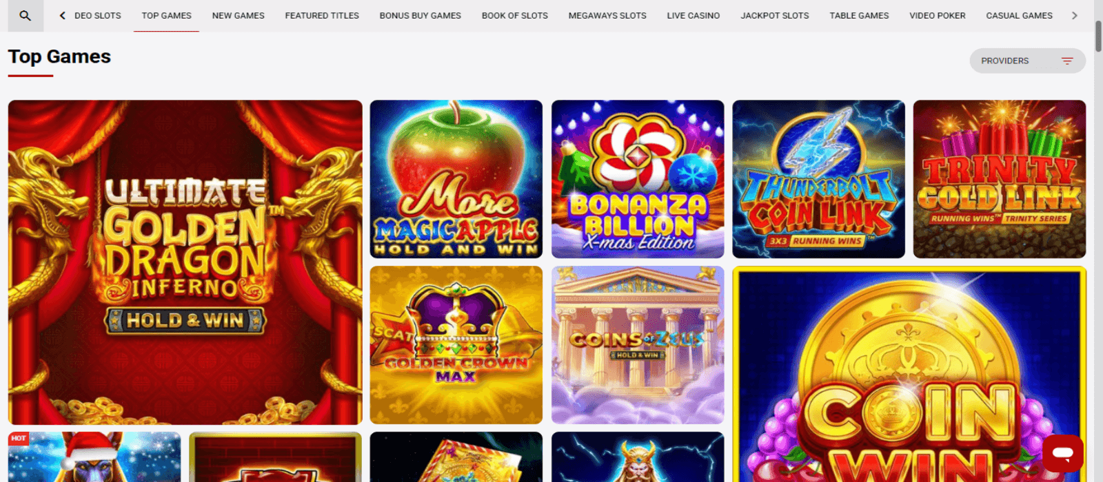 DachBet casino games page illustrating various slot games with colorful banners and top navigational menus.