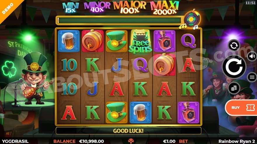 A casino slot with a stage with a leprechaun to the left.