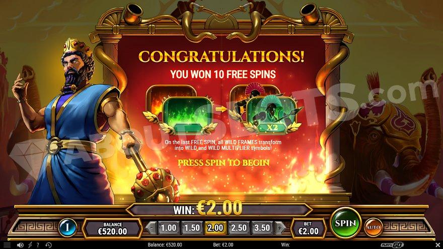 A welcome screen saying: "Congratulations! You won 10 Free Spins."