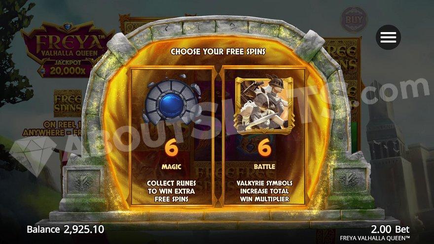 A menu where the player can choose between Magic Free Spins and Battle Free Spins.