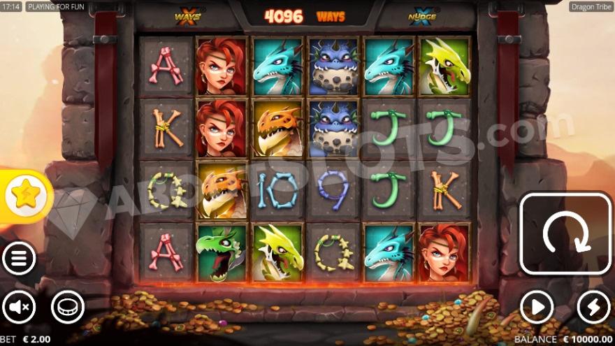 Base game with dragons on the reels, and gold coins below the reels.