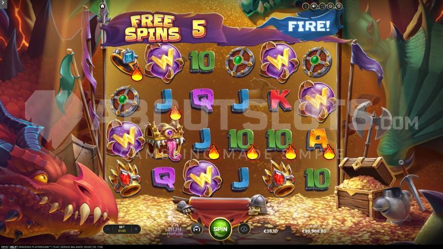 Free Spins bonus game with five wild symbols on the reels.