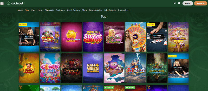 The game section of the DublinBet casino displays different categories of casino games, such as jackpots, crash games, drops & wins, mini-games, and more.