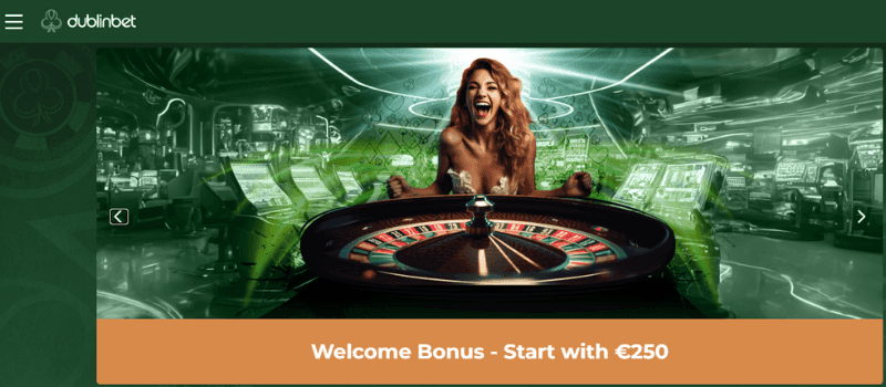 A banner with a cheering lady behind the roulette table describes the welcome bonus, which starts with €250 in bonus funds.