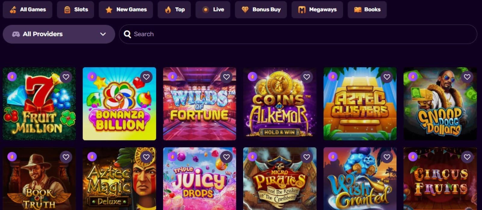 The games section of DuxCasino shows a wide range of slot games, such as 7 Fruit Million, Bonanza Billion, and more.