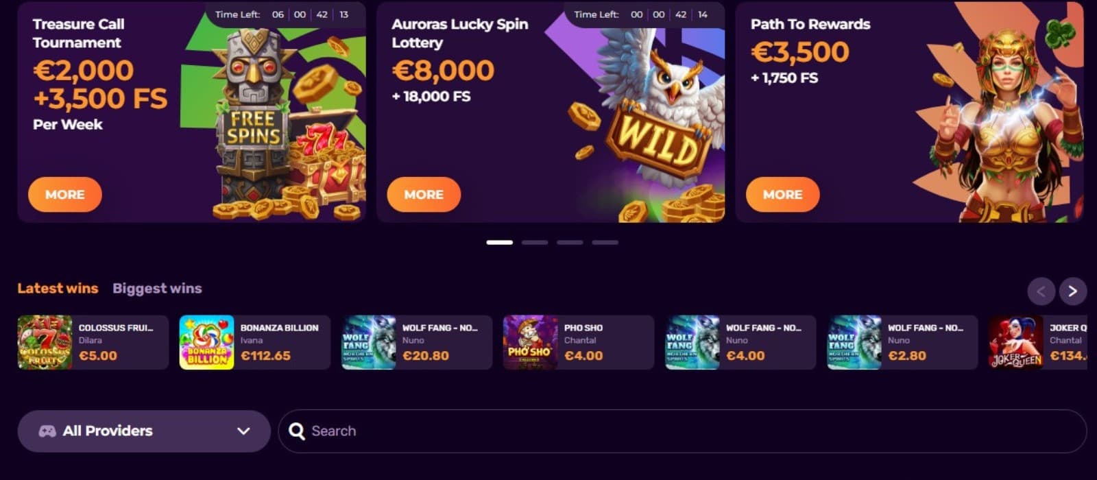 The landing page of DuxCasino presents a variety of deals, such as tournaments and lotteries.