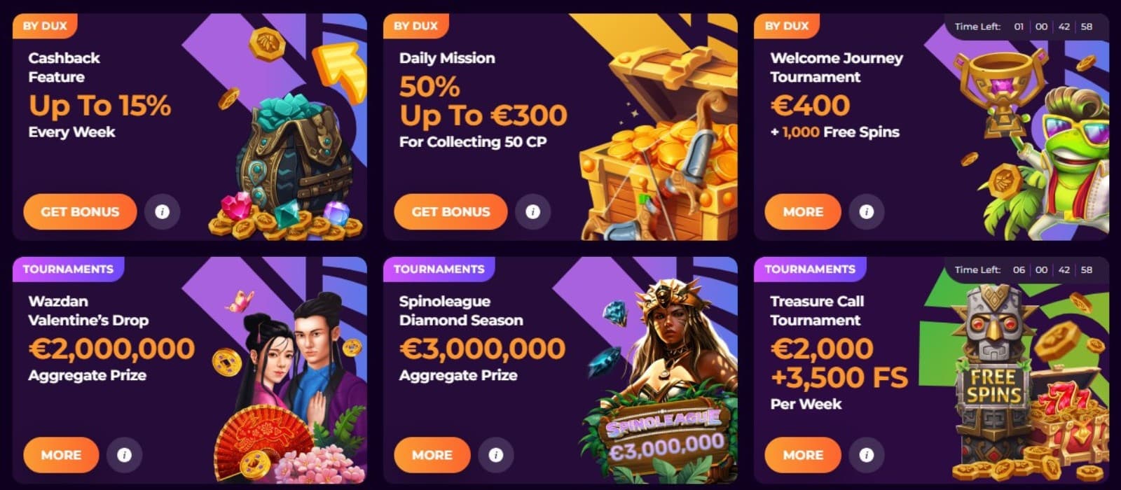 The promotions page of DuxCasino displays a wide selection of bonuses, such as cashback bonuses and tournaments.