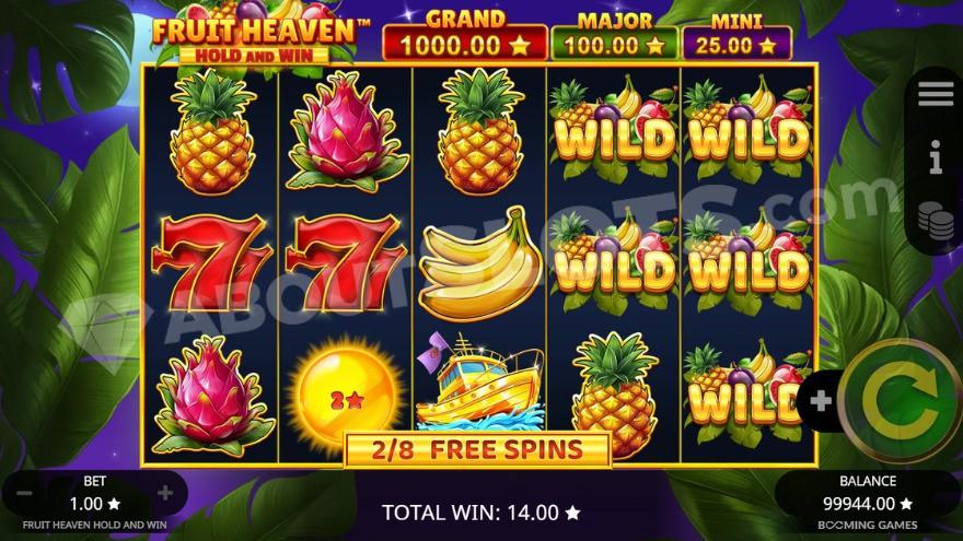 Free Spins bonus game with five wilds on the last two reels.