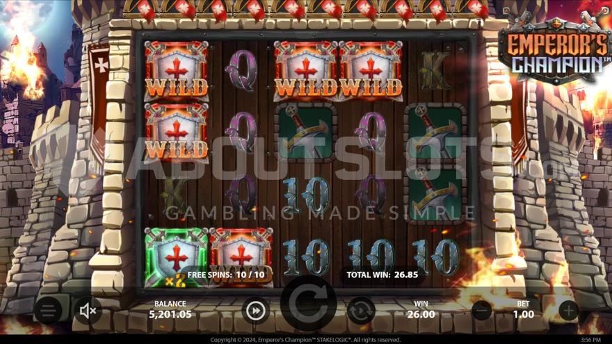 Free Spins bonus game with six wild symbols on the reels.