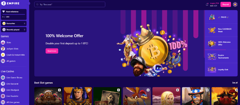  Empire.io’s webpage, featuring a bright purple background and a colorful illustration to promote the 100% welcome bonus offer.