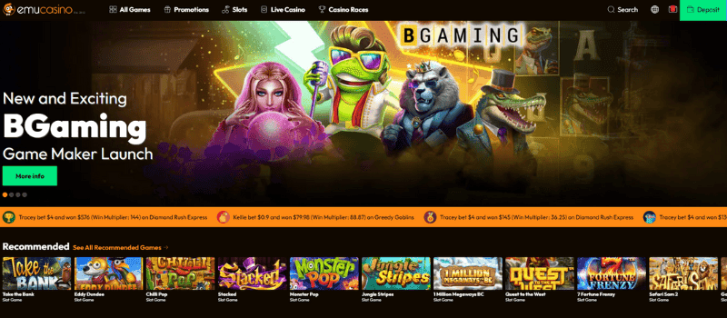 Emu Casino homepage featuring a banner advertising a new game release from BGaming.