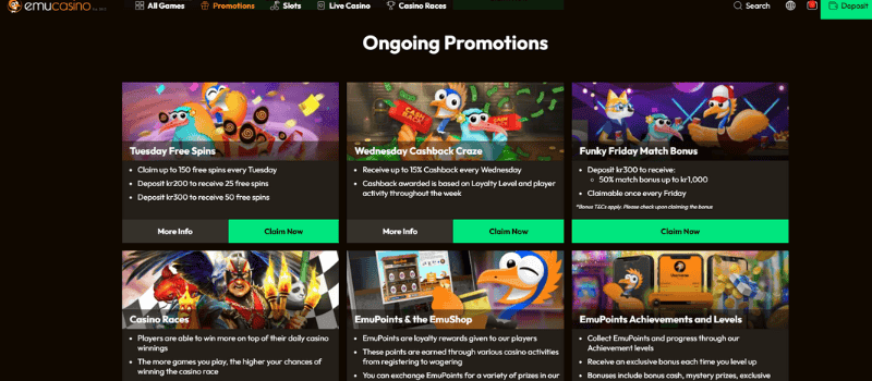 Emu Casino promotions section highlighting various ongoing promotions such as free spins, casino races, and the EmuPoints loyalty program.