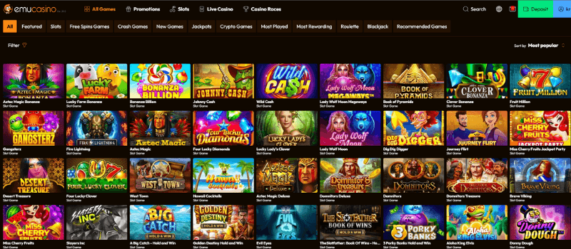 Emu Casino games section displaying a list of game categories including Featured, Slots, Free Spins Games, Crash Games, and more.