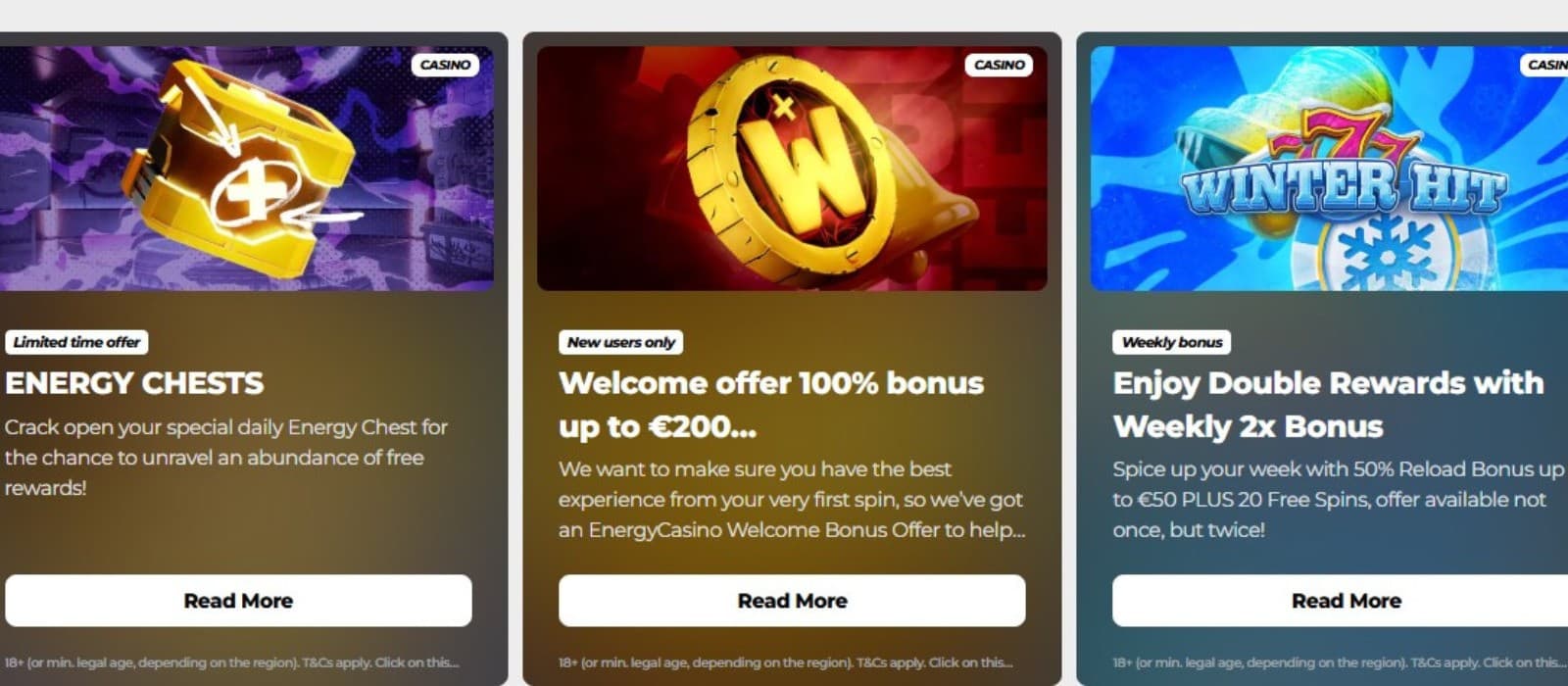 The promotions page of EnergyCasino displays the welcome offer and weekly bonuses.