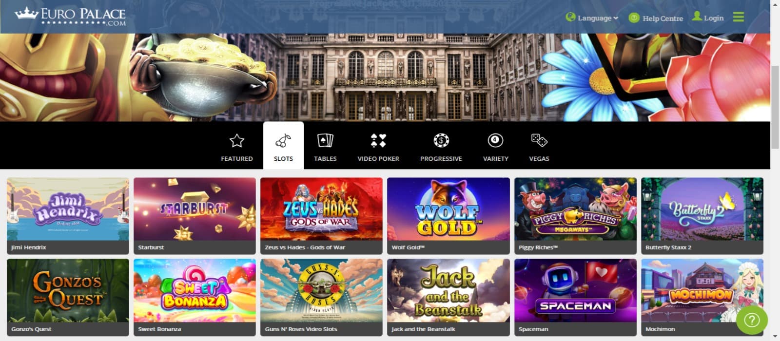 EuroPalace casino games page showing colorful icons of slot games and a large cover page banner