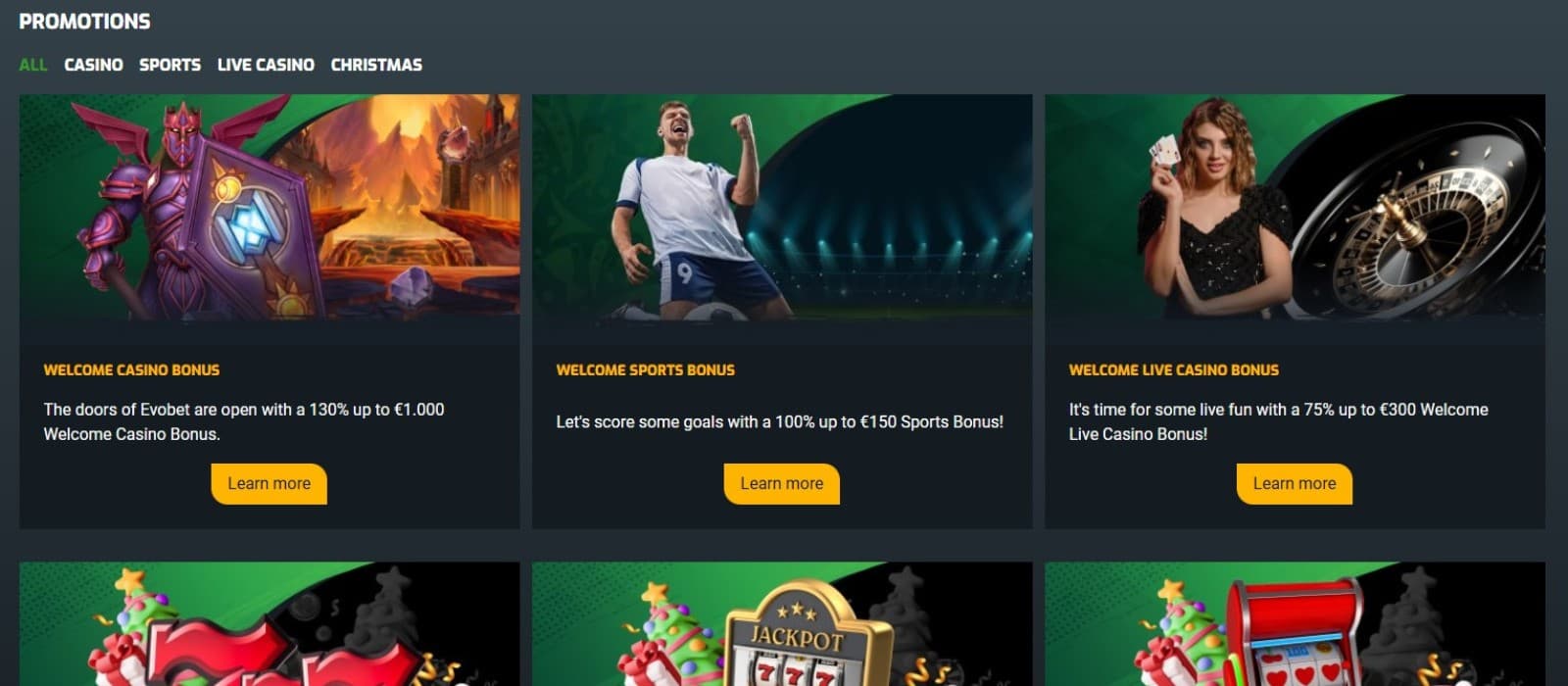 The promotions page of EvoBet casino shows a range of bonuses offered by the casino, such as the welcome casino bonus, welcome sports bonus, and more.