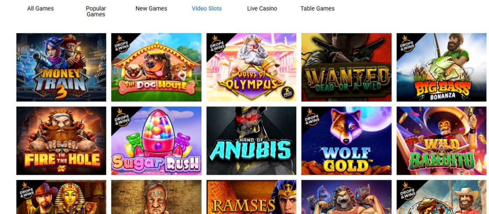 The games section of Evolve Casino features a wide range of video slots, such as  Money Train 3, The Dog House, and more.