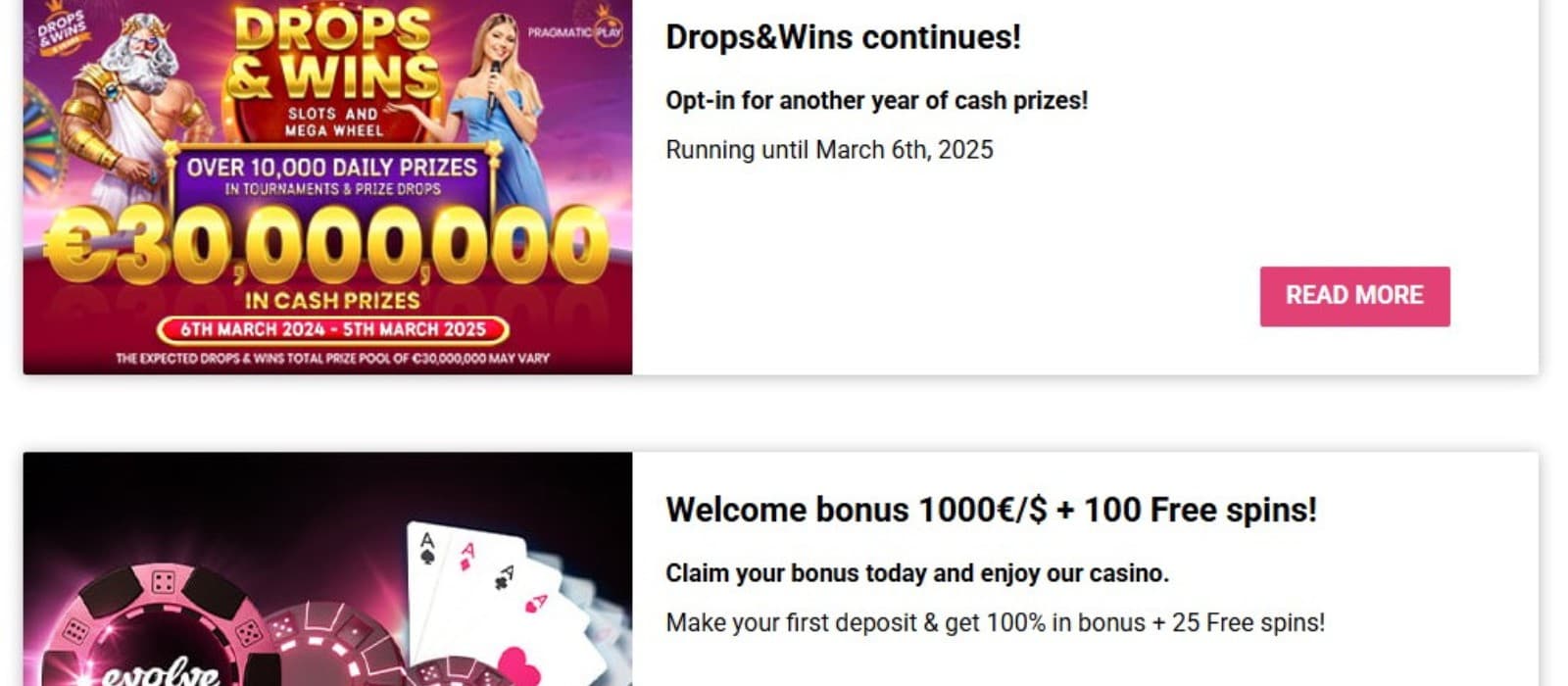  The promotions page of Evolve Casino presents the drop & win tournament and the welcome bonus.