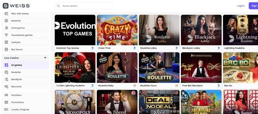 Weiss live games section showing animated thumbnails of roulette and other table game titles