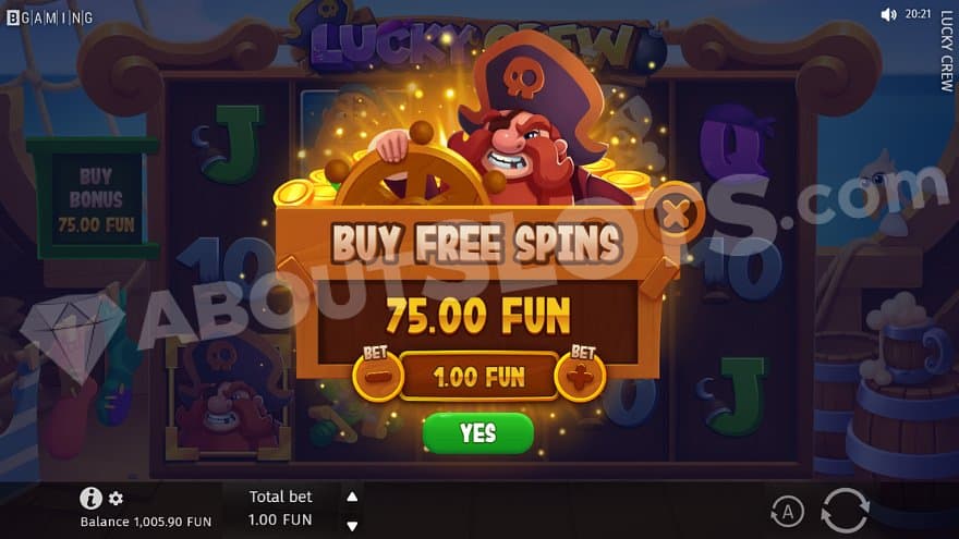 A menu offering the free spins for 75X the bet.