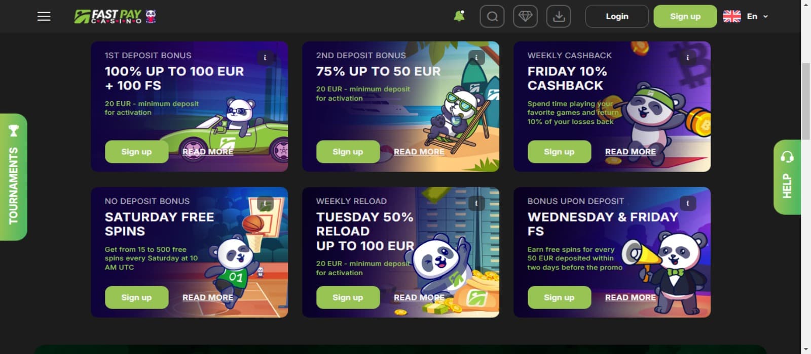 FastPay casino promotions page with the various bonus offer banners and top navigational menus