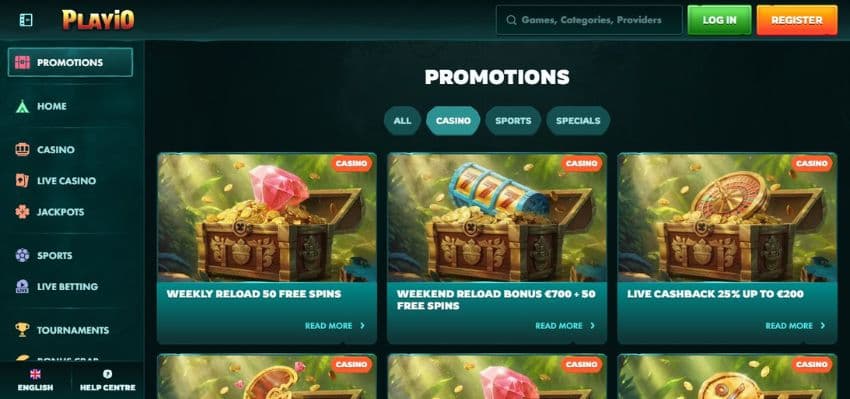 Playio Casino’s promotions page, showing bonuses such as weekly reload, cashback and others.