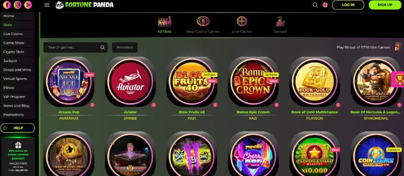  FortunePanda Casino’s games section displays a range of slot games, such as Aviator, Blow Fruits 40, and more.