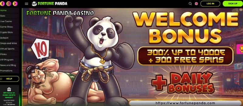  A banner describes the welcome bonus of 300% up to 4000 euros and 300 free spins next to the giant panda and sumo wrestler.