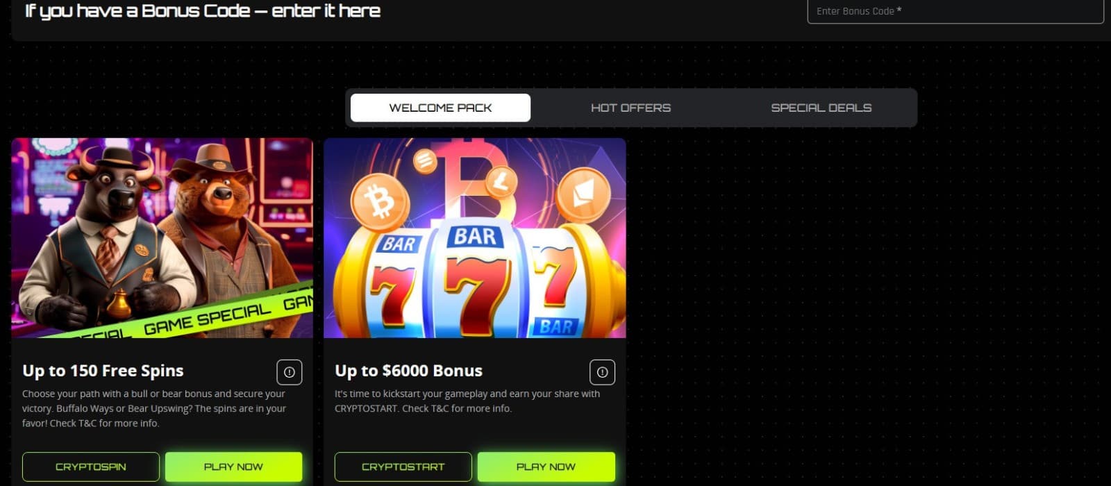 The promotions page of FreeSpin Casino displays the welcome package.