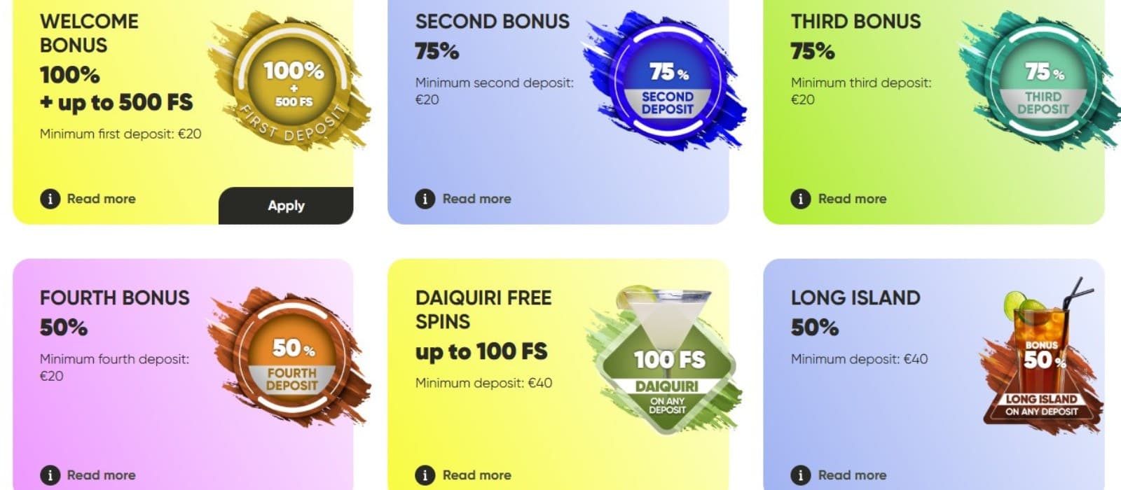 The promotion page at FreshCasino has several ongoing bonuses like a welcome bonus giving you a 100% deposit bonus + 500 free spins.